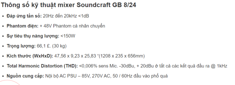 Thông số kỹ thuật của mixer Soundcraft