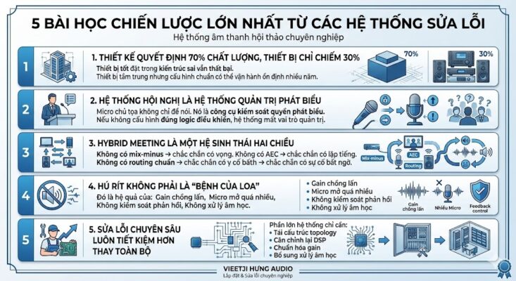 Infographic trình bày 5 bài học chiến lược khi sửa lỗi âm thanh hội thảo: 1. Thiết kế quyết định 70% chất lượng; 2. Logic quản trị phát biểu của micro; 3. Họp hybrid cần Mix-minus và AEC; 4. Hú rít do sai Gain và thiếu kiểm soát; 5. Sửa lỗi cấu hình chuyên sâu tiết kiệm hơn việc thay mới toàn bộ.
