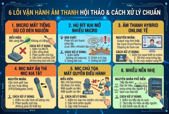 Infographic kỹ thuật số dạng grid 6 ô, trình bày 6 lỗi vận hành âm thanh hội thảo thường gặp. Ô 1: Micro mất tiếng (biểu hiện đèn sáng, cách xử lý routing/mute/perm). Ô 2: Hú rít (nguyên nhân gain/mic open, cách xử lý gain/closure/DSP). Ô 3: Âm thanh hybrid online tệ (nguyên nhân output/input/clipping, cách xử lý setup online). Ô 4: Micro interlocking (nguyên nhân FIFO/limits, cách xử lý config). Ô 5: Micro chủ tọa mất quyền (nguyên nhân type/config, cách xử lý perm/firmware). Ô 6: Nhiễu nền nhẹ (nguyên nhân grounding/parallel wires, cách xử lý grounding/cable sep). Tông màu xanh cam chuyên nghiệp.