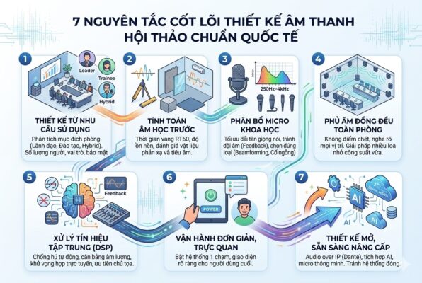 Infographic quy trình 7 bước thiết kế hệ thống âm thanh hội thảo chuyên nghiệp: từ nhu cầu thực tế, tính toán âm học, phân bổ micro, phủ âm đồng đều, xử lý DSP, vận hành đơn giản đến tích hợp AI.