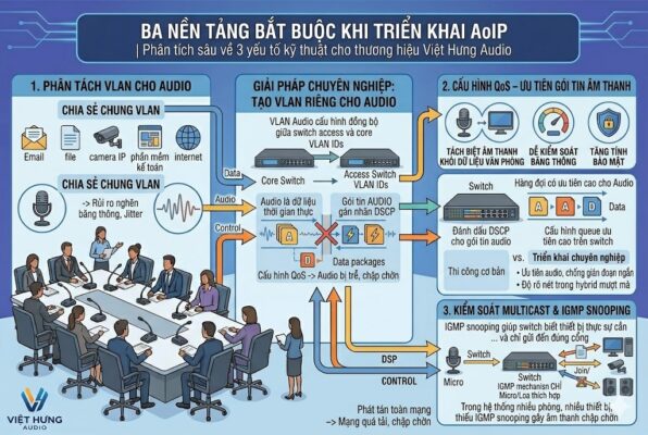 Infographic phân tích chuyên sâu 3 yếu tố hạ tầng mạng cốt lõi của Việt Hưng Audio: (1) Phân tách VLAN cho Audio để tránh nghẽn băng thông và Jitter từ dữ liệu văn phòng; (2) Cấu hình QoS để dán nhãn DSCP và ưu tiên gói tin âm thanh trong hàng đợi của Switch; (3) Kiểm soát Multicast & IGMP Snooping để ngăn chặn phát tán dữ liệu tràn mạng, đảm bảo âm thanh không bị chập chờn trong hệ thống nhiều thiết bị.