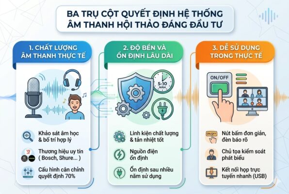 Đồ họa thông tin hiện đại mô tả 3 tiêu chí cốt lõi khi chọn mua hệ thống âm thanh hội thảo chuyên nghiệp, bao gồm: Chất lượng âm thanh thực tế, Độ bền ổn định lâu dài, và Dễ sử dụng trong thực tế.
