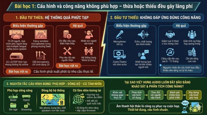 Infographic phân tích hai sai lầm phổ biến khi đầu tư hệ thống âm thanh hội thảo: Đầu tư thừa (quá phức tạp, lãng phí) và Đầu tư thiếu (hay bị hú rít, mất tiếng). Trình bày 3 nguyên tắc cấu hình chuẩn: Phù hợp công năng, Đồng bộ hệ thống và Có tầm nhìn tương lai.