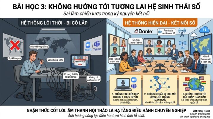 Infographic so sánh trực quan giữa hệ thống phòng họp bị cô lập, chắp vá, gây tiếng vọng (bên trái) và giải pháp phòng họp hiện đại tích hợp hệ sinh thái số, ứng dụng Audio over IP (Dante) cho họp hybrid mượt mà, kết nối toàn cầu (bên phải).