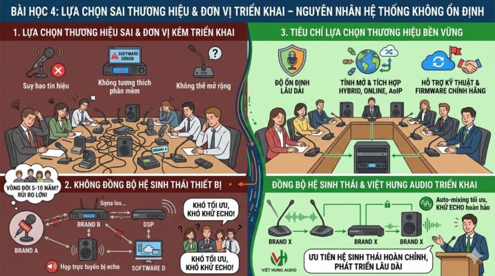 Infographic so sánh hậu quả của việc chọn sai thương hiệu, chắp vá thiết bị (micro, DSP, phần mềm khác hãng) gây nhiễu, khó khử echo (bên trái) và giải pháp đồng bộ hệ sinh thái thiết bị từ các thương hiệu uy tín, có hỗ trợ firmware chính hãng do Việt Hưng Audio triển khai (bên phải).