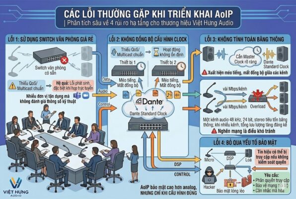 Infographic kỹ thuật cảnh báo 4 rủi ro phổ biến khi thi công mạng AoIP: (1) Dùng Switch văn phòng giá rẻ thiếu QoS/Multicast gây lỗi mạng; (2) Không đồng bộ cấu hình Master Clock gây méo tiếng, mất đồng bộ; (3) Không tính toán băng thông dẫn đến quá tải lưu lượng (Overload); (4) Bỏ qua bảo mật IP tạo lỗ hổng cho Hacker xâm nhập. Sơ đồ minh họa trực quan hậu quả của từng lỗi, nhấn mạnh yêu cầu cấu hình chuẩn kỹ thuật của Việt Hưng Audio.