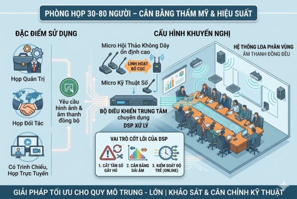 Infographic giải pháp âm thanh cho phòng họp từ 30 đến 80 người, minh họa hệ thống micro không dây linh hoạt, bộ điều khiển trung tâm chuyên dụng và vai trò của DSP trong cắt hú, cân bằng dải âm.