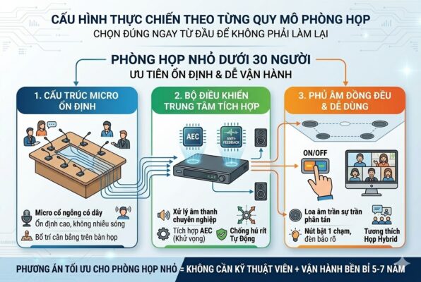 Infographic chi tiết cấu hình thực chiến cho phòng họp dưới 30 người gồm hệ thống micro cổ ngỗng có dây ổn định, bộ điều khiển trung tâm tích hợp DSP khử vọng AEC và hệ thống loa âm trần phân tán.