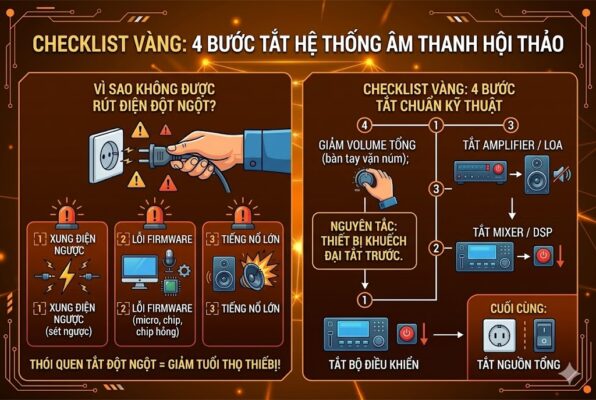 Infographic kỹ thuật chi tiết trình bày quy trình tắt âm thanh: 1. Giảm volume tổng; 2. Tắt Amplifier/Loa; 3. Tắt Mixer/DSP; 4. Tắt Bộ điều khiển. Hình ảnh chia 2 phần: Trái minh họa rủi ro do rút điện đột ngột (sốc điện, lỗi firmware, tiếng nổ); Phải trình bày sơ đồ tắt chuẩn với các icon thiết bị và timeline tắt (4-1). Tông màu cam, vàng ấm áp.