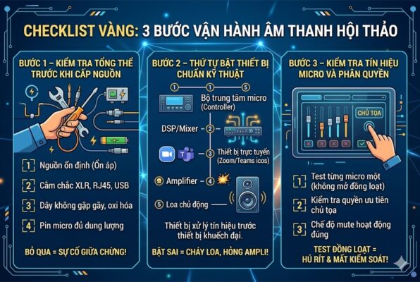 Infographic kỹ thuật số chi tiết trình bày 3 bước vận hành âm thanh trước cuộc họp: 1. Kiểm tra tổng thể (nguồn ổn định, cắm chắc XLR/RJ45/USB, dây không gập, pin micro); 2. Thứ tự bật thiết bị chuẩn (Bộ trung tâm micro -> DSP/Mixer -> Thiết bị trực tuyến -> Amplifier -> Loa); 3. Kiểm tra micro (test từng cái, quyền chủ tọa, mute). Hình ảnh dùng các diagram và minh họa kỹ thuật mới, không trùng lặp ý tưởng.
