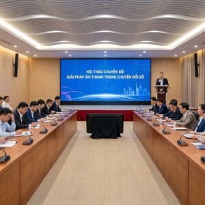 Không gian hội thảo chuyên nghiệp với hệ thống âm thanh tích hợp: Micro cổ ngỗng kỹ thuật số, loa line-array treo tường, màn hình LED cỡ lớn. Phòng họp được xử lý âm học bằng trần lượn sóng tiêu âm và vách gỗ tán âm, rèm che kính chống vang, hoàn toàn sạch dây cáp.