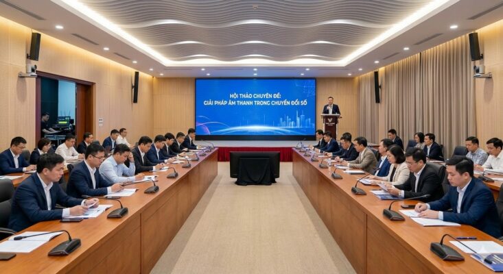 Không gian hội thảo chuyên nghiệp với hệ thống âm thanh tích hợp: Micro cổ ngỗng kỹ thuật số, loa line-array treo tường, màn hình LED cỡ lớn. Phòng họp được xử lý âm học bằng trần lượn sóng tiêu âm và vách gỗ tán âm, rèm che kính chống vang, hoàn toàn sạch dây cáp.