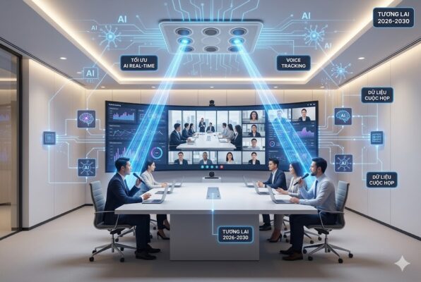 Một phòng họp lãnh đạo cao cấp năm 2026 với thiết kế không dây tối giản. Điểm nhấn là hệ thống micro ceiling array (mảng mic gắn trần) đang thực hiện Voice Tracking (theo dõi giọng nói) bằng các luồng sáng beamforming xanh điện tử. Màn hình cong lớn hiển thị giao diện họp trực tuyến hybrid tích hợp dữ liệu AI real-time. Các node biểu tượng AI và Audio over IP kết nối xuyên suốt không gian số.