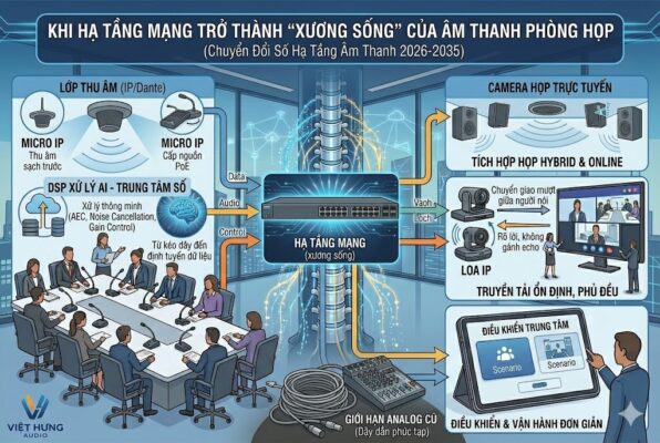 Ảnh bìa Infographic minh họa hạ tầng mạng (Switch mạng) đóng vai trò là xương sống kết nối hệ sinh thái âm thanh số: Micro IP (Dante/PoE), DSP xử lý AI (AEC, Noise Cancellation), Camera họp trực tuyến Hybrid, Loa IP và hệ thống điều khiển trung tâm. Hình ảnh đối lập rõ rệt giữa sự tinh gọn của công nghệ AoIP và sự phức tạp, giới hạn của đống dây dẫn Analog truyền thống.