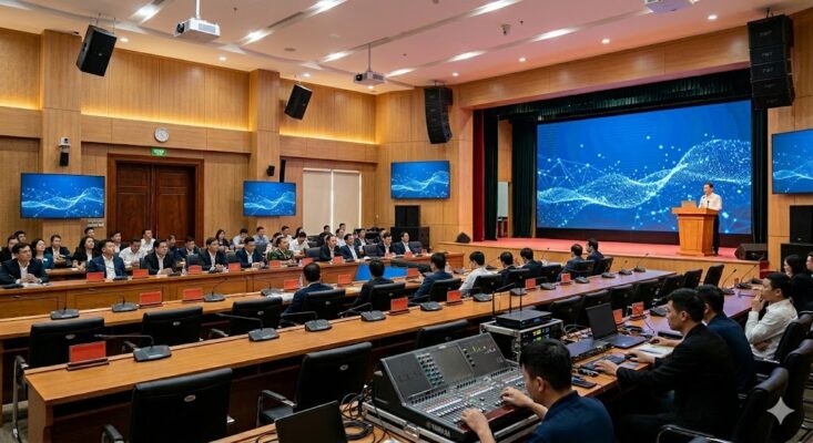 Toàn cảnh phòng họp trực tuyến hybrid trang bị hệ thống âm thanh hội thảo chuyên nghiệp, bàn điều khiển trung tâm và micro đại biểu được cấu hình DSP chuẩn xác để triệt tiêu hú rít và dội âm.