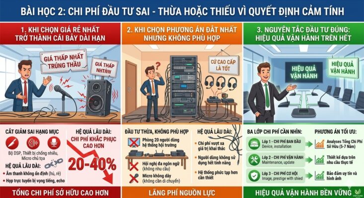 Infographic so sánh 3 kịch bản đầu tư âm thanh hội thảo: Chọn giá rẻ nhất bị bẫy chi phí khắc phục (trái đỏ), chọn đắt nhất bị thừa thiết bị phức tạp (giữa cam), và nguyên tắc đầu tư đúng dựa trên nhu cầu và tổng chi phí sở hữu TCO 5-7 năm (phải xanh). Thể hiện các ví dụ cụ thể về DSP, Micro, và phân tích hiệu quả vận hành.