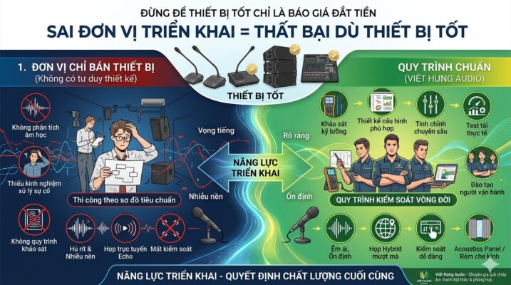 Infographic so sánh hai cách lắp đặt hệ thống âm thanh hội thảo: Bên trái là 'Đơn vị chỉ bán thiết bị' với các lỗi như hú rít, nhiễu nền; bên phải là 'Quy trình chuẩn (Việt Hưng Audio)' với các bước khảo sát, thiết kế, tinh chỉnh, test tải, đào tạo. Trung tâm là mũi tên 'Năng lực triển khai' quyết định chất lượng cuối cùng