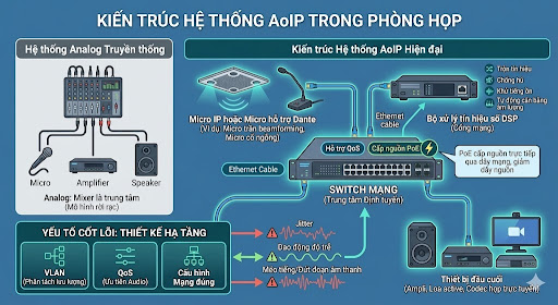 Infographic so sánh kiến trúc âm thanh Analog truyền thống (sử dụng Mixer làm trung tâm) với hệ thống AoIP hiện đại (lấy Switch mạng làm trung tâm định tuyến). Sơ đồ minh họa luồng kết nối tinh gọn từ Micro IP hỗ trợ Dante qua Switch PoE đến bộ xử lý DSP bằng cáp mạng. Nhấn mạnh 3 yếu tố thiết kế hạ tầng cốt lõi: phân tách lưu lượng VLAN, ưu tiên tín hiệu QoS và cấu hình mạng chuẩn để ngăn chặn lỗi méo tiếng, đứt đoạn do dao động độ trễ (Jitter).