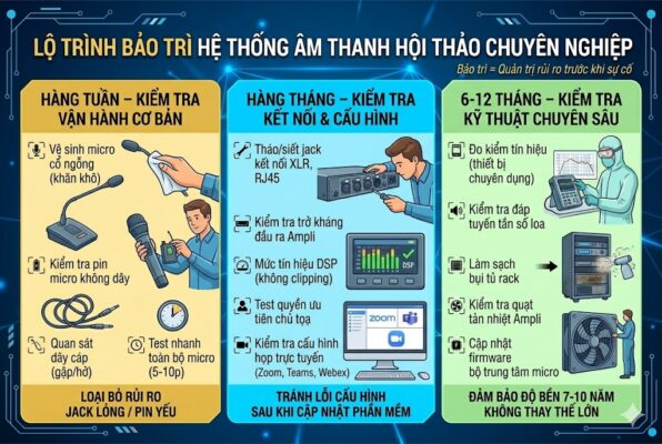Infographic kỹ thuật số chi tiết trình bày lộ trình bảo trì âm thanh 3 cấp. Cấp 1 (Hàng tuần): Vệ sinh mic, kiểm tra pin, test nhanh. Cấp 2 (Hàng tháng): Siết jack XLR/RJ45, kiểm tra DSP (không clipping), trở kháng ampli, cấu hình Zoom/Teams. Cấp 3 (6-12 Tháng - Chuyên gia): Đo kiểm tín hiệu, đáp tuyến loa, làm sạch bụi tủ rack, quạt tản nhiệt, cập nhật firmware. Hình ảnh dùng các minh họa và icon thiết bị mới, tông màu xanh vàng chuyên nghiệp.