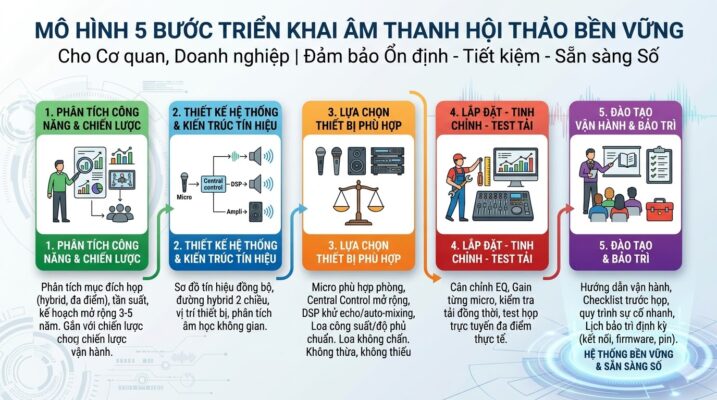Infographic trình bày quy trình chuẩn 5 bước triển khai âm thanh hội thảo cho cơ quan, doanh nghiệp: 1. Phân tích công năng & chiến lược; 2. Thiết kế hệ thống & kiến trúc tín hiệu; 3. Lựa chọn thiết bị phù hợp; 4. Lắp đặt, tinh chỉnh & test tải; 5. Đào tạo vận hành & bảo trì. Hệ thống hóa quy trình giúp đảm bảo tính ổn định, tiết kiệm và sẵn sàng cho chuyển đổi số.