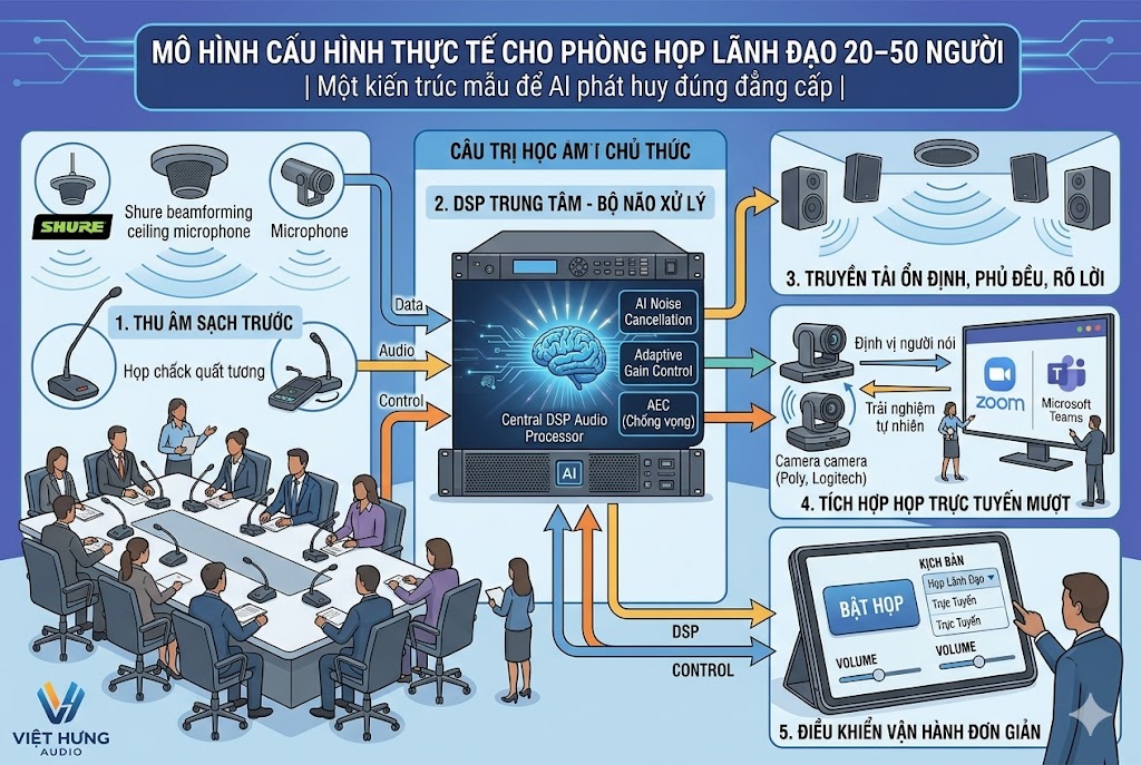 Infographic mô hình kiến trúc chuẩn cho phòng họp lãnh đạo 20-50 người của Việt Hưng Audio. Sơ đồ thể hiện 5 bước luồng tín hiệu: (1) Thu âm sạch bằng micro trần beamforming hoặc cổ ngỗng; (2) Bộ não DSP trung tâm xử lý AI khử ồn, cân bằng và chống vọng; (3) Hệ thống loa truyền tải ổn định, phủ đều, rõ lời; (4) Camera định vị người nói tích hợp họp trực tuyến mượt mà qua Zoom/Teams; (5) Bảng điều khiển cảm ứng thao tác đơn giản, chuyển đổi kịch bản nhanh chóng.