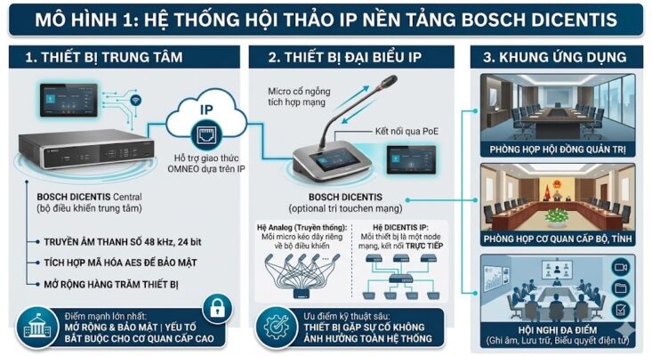 Infographic trình bày Mô hình 1 về hệ thống hội thảo IP nền tảng Bosch DICENTIS. Gồm 3 phần: (1) Thiết bị trung tâm hiển thị kết nối đám mây IP với giao thức OMNEO, truyền âm thanh số 48kHz/24-bit và mã hóa bảo mật AES; (2) Thiết bị đại biểu hiển thị micro cổ ngỗng màn hình cảm ứng kết nối PoE, kèm sơ đồ so sánh kiến trúc kéo dây nối tiếp của Analog với kiến trúc phân tán mạng Node độc lập của hệ DICENTIS IP; (3) Khung ứng dụng minh họa bằng hình ảnh 3 không gian: phòng họp hội đồng quản trị, phòng họp cơ quan cấp bộ/tỉnh và hội nghị đa điểm trực tuyến