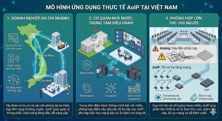 Một hình ảnh infographic kỹ thuật số chuyên nghiệp mô tả "MÔ HÌNH ỨNG DỤNG THỰC TẾ AoIP TẠI VIỆT NAM". Sơ đồ được chia thành ba bảng dọc: (1) "DOANH NGHIỆP ĐA CHI NHÁNH" với bản đồ kết nối Hanoi, Da Nang, Ho Chi Minh City giữa các tòa nhà văn phòng qua mạng lưới phát sáng. Các icon và text mô tả: Quản lý cấu hình thống nhất, Chất lượng âm thanh đồng đều, Dễ dàng nâng cấp từng điểm. Văn bản: "Tập đoàn có trụ sở và các văn phòng tại ba miền, họp liên vùng thường xuyên. AoIP giúp quản lý thống nhất, chất lượng đồng đều, dễ nâng cấp." (2) "CƠ QUAN NHÀ NƯỚC, TRUNG TÂM ĐIỀU HÀNH" với tòa nhà chính phủ kết nối với một trung tâm điều hành thông minh và màn hình video họp đa điểm. Mạng lưới kết nối chảy qua hạ tầng trung tâm dữ liệu. Các icon và text mô tả: Redundancy (Dự phòng), Scalability (Mở rộng), Data center integration (Tích hợp trung tâm dữ liệu). Văn bản: "Trung tâm điều hành thông minh kết nối nhiều phòng họp, điểm cầu, yêu cầu độ tin cậy cao. AoIP phù hợp kiến trúc mạng sẵn có, ổn định, mở rộng tốt." (3) "PHÒNG HỌP LỚN 100–300 NGƯỜI" với sơ đồ một hội trường lớn có nhiều hàng micro. Sự so sánh "Analog: Dây dẫn phức tạp" (với mixer analog và đống dây lộn xộn) và "AoIP: Tối ưu hạ tầng mạng" (với micro mảng kết nối switch và DSP). Các icon và text mô tả: Decentralized processing (Xử lý phân tán), Cable reduction (Giảm dây cáp). Văn bản: "Quy mô lớn với số lượng micro nhiều, AoIP giúp phân tán thiết bị xử lý theo khu vực, giảm dây cáp, tối ưu mạng và dễ kiểm soát." Thiết kế sử dụng màu sắc chuyên nghiệp và đồ họa kỹ thuật số rõ ràng.