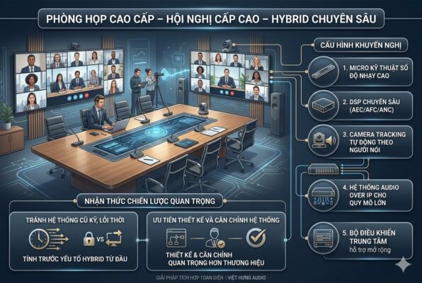 Infographic kiến trúc hệ thống âm thanh phòng họp cao cấp tích hợp camera tracking tự động, Audio over IP, DSP chuyên sâu và hỗ trợ họp hybrid đa điểm cầu.