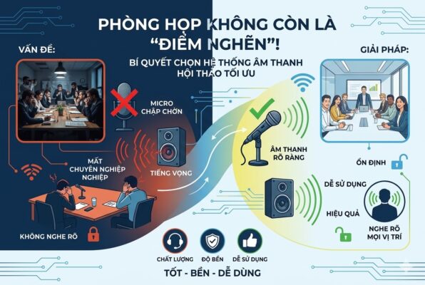 Infographic so sánh kịch bản phòng họp bị lỗi âm thanh (vọng, rè, mất chuyên nghiệp) và phòng họp hiện đại với âm thanh rõ ràng, ổn định, đạt chuẩn "Tốt - Bền - Dễ dùng".