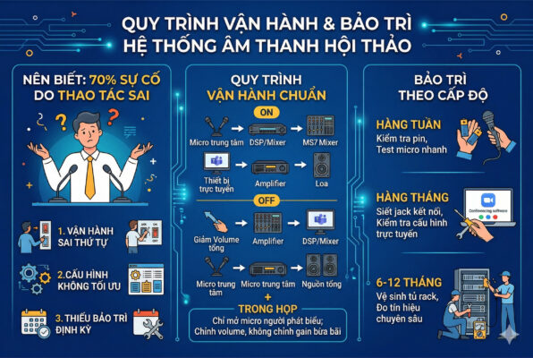 Đây là một "Checklist vàng" dành cho bộ phận kỹ thuật và IT. Hình ảnh chuyển hóa các kiến thức âm thanh phức tạp thành sơ đồ dễ hiểu, giúp người xem nhận ra việc bảo trì định kỳ và vận hành đúng thứ tự là cách duy nhất để bảo vệ thiết bị đắt tiền và tránh các tình huống "đứng hình" vì mất tiếng hay hú rít giữa cuộc họp