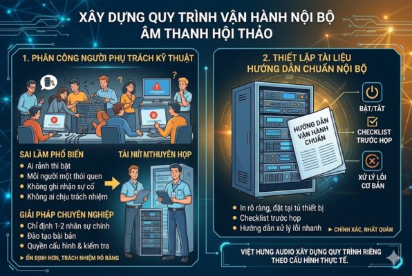 Infographic kỹ thuật số dạng grid 2 ô, trình bày quy trình xây dựng vận hành nội bộ. Ô 1 (Trái): Phân công người phụ trách kỹ thuật (so sánh sai lầm chaoses "ai rảnh thì bật" với giải pháp "chuyên gia được đào tạo, chỉ định nhân sự chính"). Ô 2 (Phải): Thiết lập tài liệu hướng dẫn chuẩn nội bộ (hiển thị tập tài liệu in rõ ràng đặt tại tủ thiết bị kỹ thuật với các checklist Bật/Tắt, Checklist trước họp, Hướng dẫn xử lý lỗi nhanh). Tông màu xanhlam vàng chuyên nghiệp.