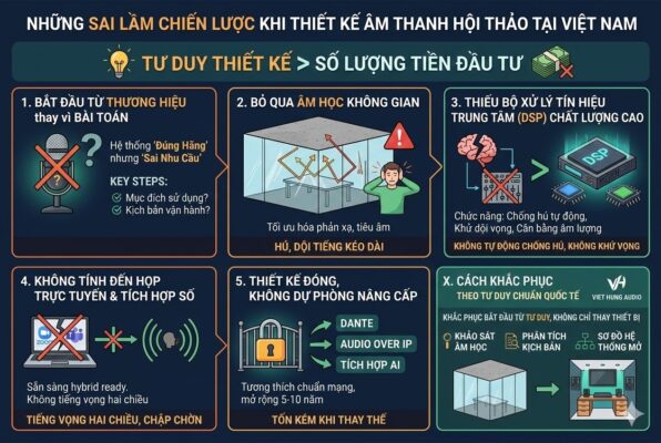 Infographic phân tích 5 sai lầm phổ biến: chọn thương hiệu thay vì bài toán, bỏ qua âm học, thiếu DSP, lỗi hybrid và thiết kế đóng, kèm quy trình khắc phục chuẩn quốc tế.