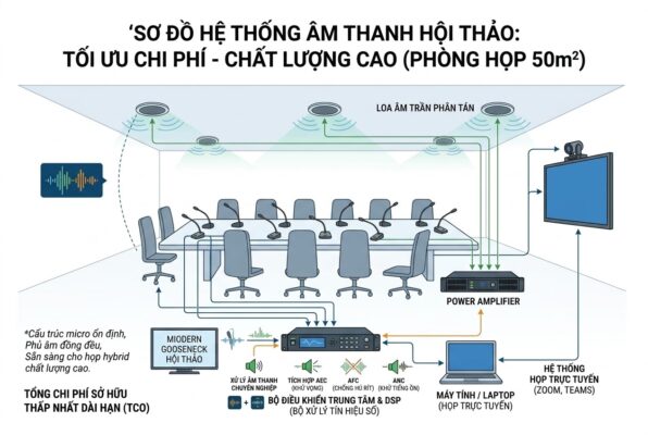 Sơ đồ minh họa cấu trúc kết nối micro cổ ngỗng, loa âm trần, bộ xử lý DSP và hệ thống họp trực tuyến cho phòng họp diện tích 50 mét vuông.