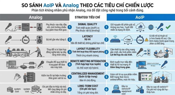 Infographic so sánh chi tiết công nghệ AoIP hiện đại và Analog truyền thống theo 6 trục tiêu chí chiến lược: (1) Chất lượng tín hiệu (Analog phụ thuộc vật lý và dễ suy giảm, AoIP nhất quán số và không suy hao); (2) Độ trễ (Analog gần như 0, AoIP dưới 1ms cho Dante tối ưu và phụ thuộc cấu hình mạng QoS); (3) Tính linh hoạt layout phòng (Analog kéo lại dây, AoIP cắm cổng mạng gần nhất); (4) Tích hợp họp trực tuyến (Analog cần thiết bị trung gian, AoIP định tuyến trực tiếp IP); (5) Quản lý tập trung (Analog kiểm tra tại hiện trường, AoIP giám sát từ xa qua phần mềm); (6) Chi phí dài hạn (Analog đầu tư thấp cho hệ nhỏ nhưng mở rộng tốn kém, AoIP đầu tư cao cho switch/IP nhưng mở rộng dài hạn thấp hơn).