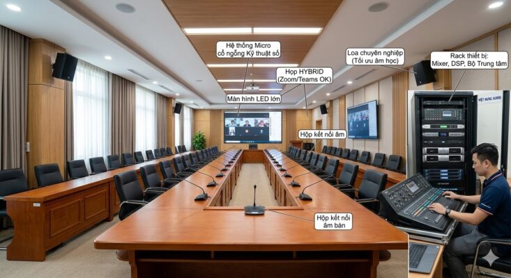 Không gian phòng họp đạt chuẩn quốc tế với hệ thống micro kỹ thuật số, màn hình LED cỡ lớn phục vụ họp trực tuyến Hybrid đa điểm, cùng kỹ thuật viên đang vận hành tủ rack xử lý tín hiệu DSP trung tâm do Việt Hưng Audio triển khai.