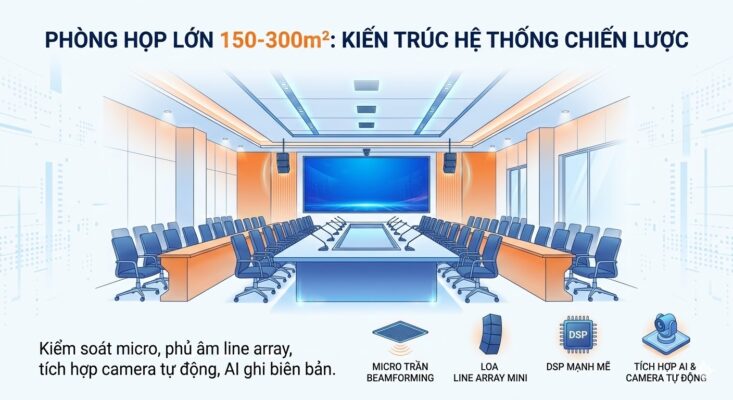 Infographic kiến trúc âm thanh hội trường lớn 150-300m2 tích hợp micro trần beamforming và hệ thống camera tự động AI.