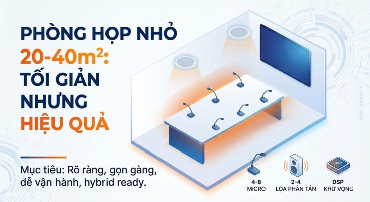 Infographic sơ đồ thiết kế âm thanh phòng họp nhỏ 20-40m2 với micro cổ ngỗng và hệ thống loa âm trần phân tán chuẩn hybrid.
