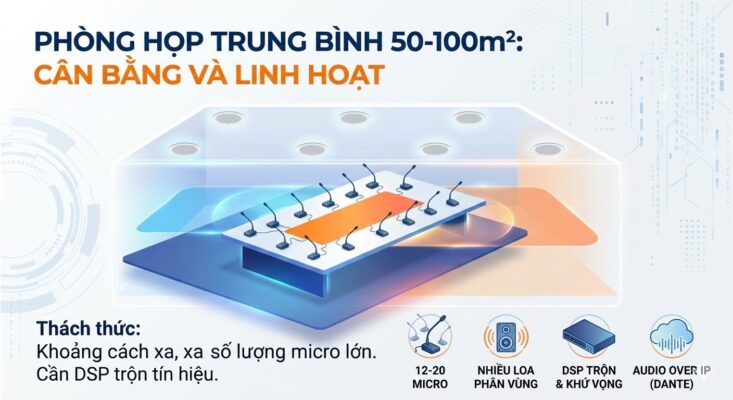 Infographic giải pháp âm thanh phòng họp trung bình 50-100m2 sử dụng bộ xử lý DSP trung tâm và công nghệ Audio over IP Dante.