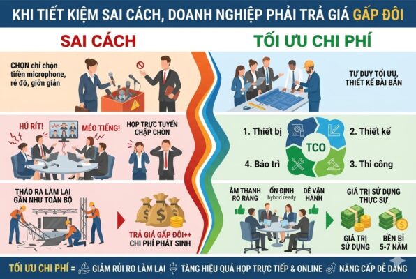 Infographic so sánh rủi ro khi tiết kiệm sai cách (hú rít, hỏng hóc) và lợi ích của việc tối ưu chi phí thông qua thiết kế bài bản và tính toán TCO dài hạn 5-7 năm.
