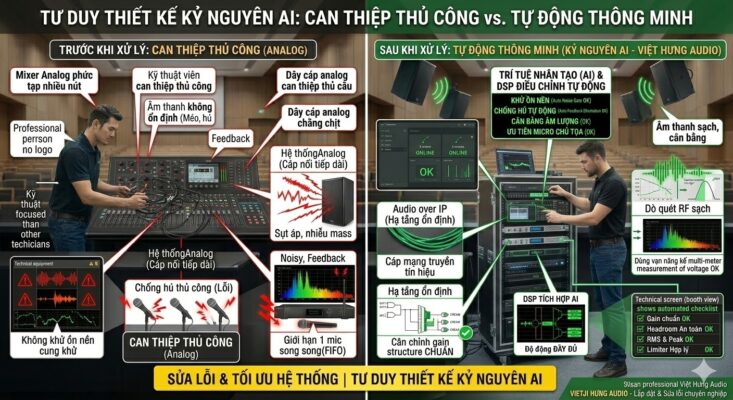 So sánh hệ thống âm thanh phòng họp analog truyền thống phải can thiệp thủ công (bên trái) và hệ thống âm thanh hiện đại kỷ nguyên AI (bên phải). Hệ thống mới do Việt Hưng Audio triển khai sử dụng DSP tích hợp AI tự động khử ồn, chống hú, cân bằng âm lượng và truyền tải qua hạ tầng mạng Audio over IP.