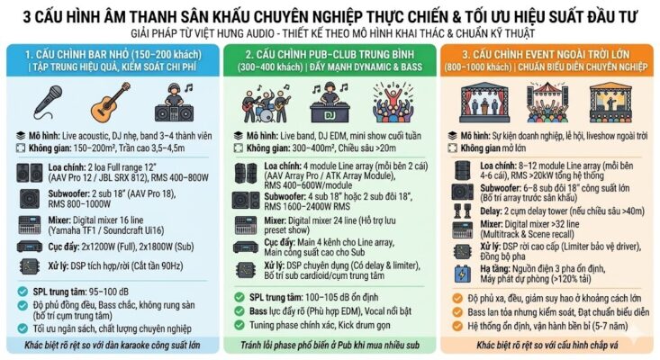 Một infographic kỹ thuật B2B/B2G kích thước 600x400 pixel so sánh ba cấu hình âm thanh sân khấu thực chiến của Việt Hưng Audio. Tiêu đề lớn: '3 CẤU HÌNH ÂM THANH SÂN KHẤU CHUYÊN NGHIỆP THỰC CHIẾN & TỐI ƯU HIỆU SUẤT ĐẦU TƯ'. Bố cục gồm 3 cột dọc được đánh số từ 1 đến 3 với các biểu tượng phẳng sạch sẽ. 1. CẤU CHÌNH BAR NHỎ (150–200 khách): Bar acoustic, DJ nhẹ, band 3–4 thành viên, RMS 400-800W. 2. CẤU CHÌNH PUB–CLUB TRUNG BÌNH (300–400 khách): Live band, DJ EDM, mini show, Line Array mini, RMS 1600-2400W. 3. CẤU CHÌNH EVENT NGOÀI TRỜI LỚN (800–1000 khách): Sự kiện doanh nghiệp, lễ hội, liveshow lớn, Line Array lớn, RMS >20kW tổng hệ thống. Mỗi cột chi tiết hóa mô hình khai thác, cấu hình thiết bị (Loa chính, Subwoofer, Mixer, Cục đẩy, Xử lý, Hạ tầng), và hiệu quả đạt được (SPL dB, Độ phủ, Bass, Vận hành bền bỉ 5-7 năm). Văn bản chân trang: 'Khác biệt rõ rệt so với dàn karaoke công suất lớn', 'Tránh lỗi phase phổ biến ở Pub khi mua nhiều sub', 'Khác biệt rõ rệt so với cấu hình chắp vá'. Nền trắng sạch, icon phẳng hiện đại, không logo, 100% tiếng Việt rõ ràng.