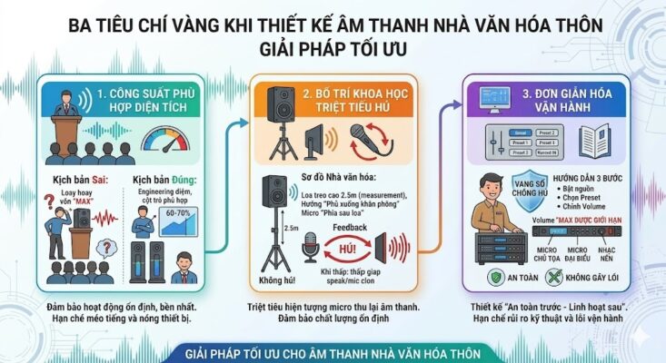 Infographic chi tiết 3 tiêu chí vàng trong thiết kế âm thanh nhà văn hóa: 1. Tính công suất phù hợp diện tích (vận hành ở mức 60-70%); 2. Bố trí loa khoa học (treo cao 2.5m, lệch trục micro) để triệt tiêu vòng lặp hú Feedback; 3. Đơn giản hóa vận hành với vang số chống hú và bảng hướng dẫn 3 bước cho người không chuyên.