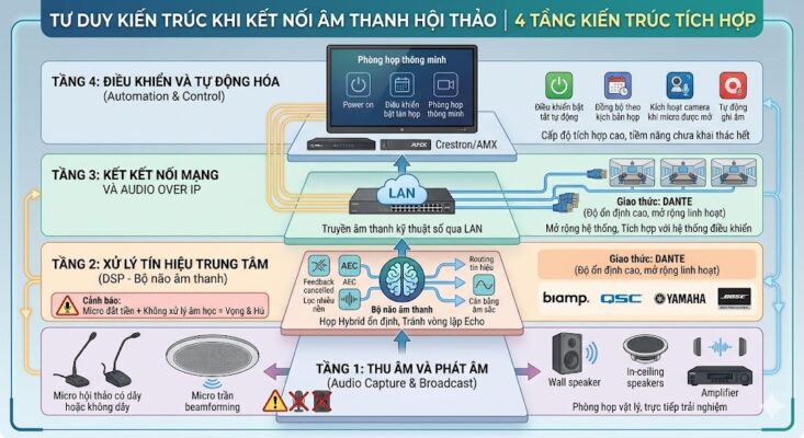 Infographic chi tiết về 4 tầng kiến trúc hệ thống: (Tầng 1) Thu âm và phát âm gồm micro hội thảo, micro trần beamforming, loa và ampli; (Tầng 2) Xử lý trung tâm DSP của các hãng Biamp, QSC, Yamaha, Bose xử lý AEC, lọc nhiễu và routing; (Tầng 3) Kết nối mạng Audio over IP qua giao thức Dante và LAN; (Tầng 4) Điều khiển và tự động hóa Crestron/AMX giúp kích hoạt camera, ghi âm tự động và quản lý kịch bản họp. Nhấn mạnh cảnh báo: Micro đắt tiền mà thiếu xử lý âm học sẽ dẫn đến vọng và hú.