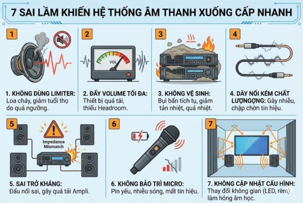Infographic liệt kê 7 sai lầm phổ biến làm xuống cấp hệ thống âm thanh nhanh chóng: (1) Không dùng Limiter gây cháy loa; (2) Đẩy Volume tối đa gây quá tải hệ thống; (3) Không vệ sinh định kỳ làm giảm khả năng tản nhiệt; (4) Sử dụng dây nối kém chất lượng gây nhiễu; (5) Đấu nối sai trở kháng làm hỏng Amply; (6) Không bảo trì micro gây mất tín hiệu; (7) Không cập nhật cấu hình khi thay đổi không gian (thêm màn LED, rèm).