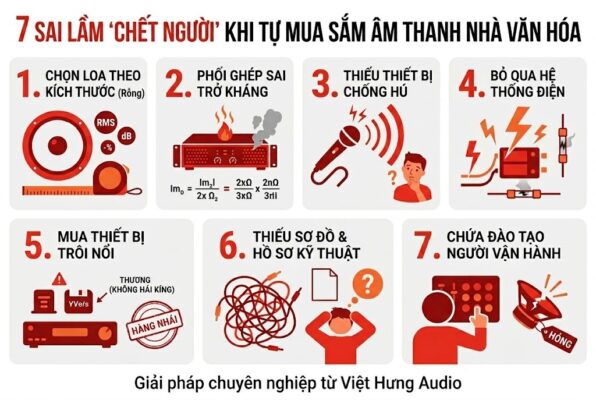 Infographic kỹ thuật liệt kê 7 sai lầm phổ biến trong âm thanh hội trường: 1. Chọn loa sai thông số RMS; 2. Phối ghép sai trở kháng gây cháy cục đẩy; 3. Thiếu thiết bị chống hú feedback; 4. Bỏ qua hệ thống bảo vệ điện và chống sét; 5. Sử dụng thiết bị trôi nổi không chính hãng; 6. Thiếu sơ đồ hồ sơ kỹ thuật; 7. Người vận hành thiếu đào tạo. Thiết kế tông màu đỏ trầm chuyên nghiệp, văn bản tiếng Việt rõ ràng.