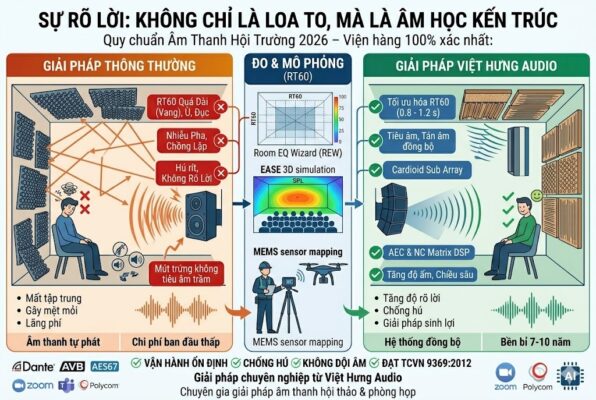 Một infographic kỹ thuật kích thước 1200x800 pixel so sánh hai kịch bản âm học hội trường. Bên trái: 'GIẢI PHÁP THÔNG THƯỜNG' với mút trứng rẻ tiền, sóng âm phản xạ lộn xộn gây hú rít, vang dội (RT60 quá dài). Bên phải: 'GIẢI PHÁP VIỆT HƯNG AUDIO' sử dụng tấm tiêu âm Mycelium, gỗ tán âm và Cardioid Sub Array giúp sóng âm đi thẳng, rõ lời. Ở giữa là quy trình 'ĐO & MÔ PHỎNG' bằng phần mềm EASE 3D, REW và cảm biến MEMS mapping. Hình ảnh minh họa RT60 mục tiêu 0.8-1.2s. Văn bản tiếng Việt 100%, phong cách hiện đại, chuyên nghiệp cho B2B/B2G.