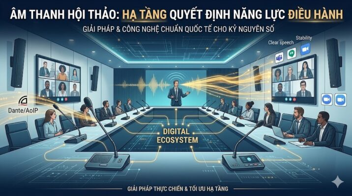 Ảnh bìa đại diện chuyên nghiệp minh họa một phòng họp hiện đại với phối cảnh 3D kỹ thuật số. Hình ảnh trung tâm là một hệ sinh thái số (Digital Ecosystem) kết nối các đại biểu trực tiếp và trực tuyến qua màn hình lớn. Các luồng tín hiệu âm thanh được trực quan hóa bằng những đường sóng vàng tỏa ra từ micro, nhấn mạnh các yếu tố: Clear Speech (Rõ tiếng), Stability (Ổn định) và Dante/AoIP. Tiêu đề lớn khẳng định vai trò của hạ tầng âm thanh đối với năng lực điều hành tổ chức.