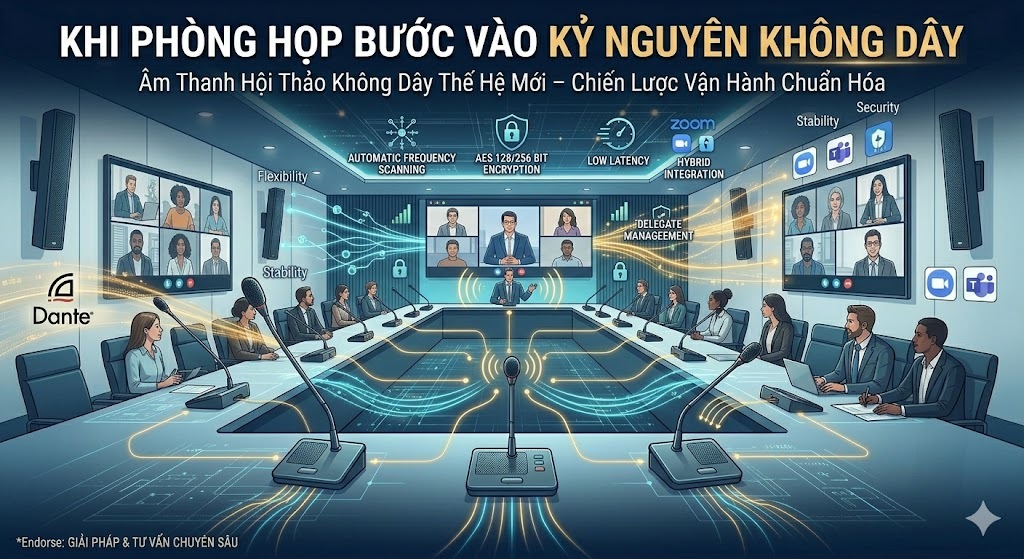 Ảnh đại diện bài viết về hệ thống âm thanh hội thảo không dây thế hệ mới. Phối cảnh 3D phòng họp hiện đại, sang trọng với các micro cổ ngỗng không dây tinh tế trên bàn họp sạch sẽ, không dây cáp. Hình ảnh trực quan hóa các luồng dữ liệu kỹ thuật số gồm: Quét tần số tự động (Frequency Scanning), Mã hóa bảo mật (AES Encryption), Độ trễ thấp (Low Latency) và tích hợp hệ sinh thái Dante, Zoom, Teams. Dòng chữ chủ đạo: "KHI PHÒNG HỌP BƯỚC VÀO KỶ NGUYÊN KHÔNG DÂY".