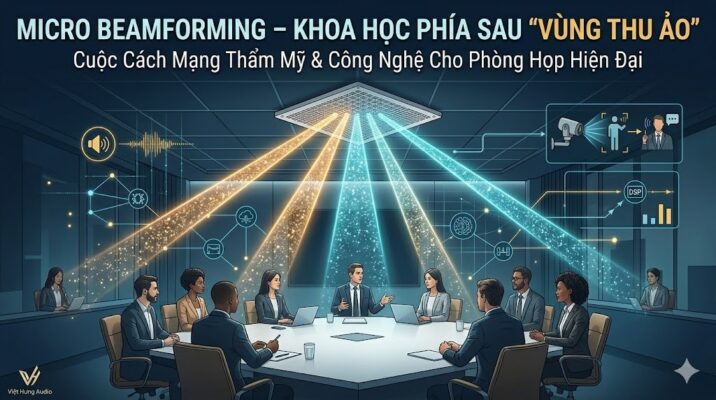 Ảnh bìa đại diện bài viết chuyên sâu về Micro Beamforming. Hình ảnh phối cảnh 3D một phòng họp cao cấp, hiện đại với Micro Ceiling Array lắp âm trần tỏa ra các luồng sáng (beam) trực quan đại diện cho các vùng thu âm ảo bao phủ chính xác vị trí người ngồi. Xung quanh là các biểu tượng kỹ thuật về DSP, Camera Tracking và kiến trúc số. Tiêu đề lớn: "MICRO BEAMFORMING – KHOA HỌC PHÍA SAU VÙNG THU ẢO".