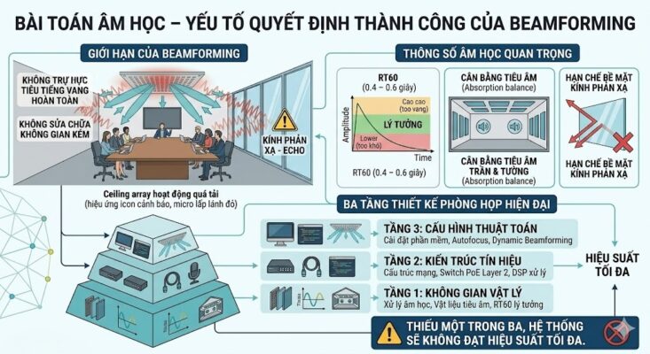 Infographic kỹ thuật phân tích mối quan hệ giữa âm học phòng và công nghệ Beamforming. Hình ảnh minh họa giới hạn của Beamforming trước các bề mặt kính phản xạ gây Echo. Đồ họa hiển thị các thông số âm học lý tưởng: RT60 từ 0.4 – 0.6 giây, cân bằng tiêu âm trần và tường, hạn chế kính phản xạ. Phần dưới là sơ đồ Kim tự tháp "Ba tầng thiết kế phòng họp hiện đại": Tầng 1 - Không gian vật lý (Âm học), Tầng 2 - Kiến trúc tín hiệu (Mạng/DSP), Tầng 3 - Cấu hình thuật toán (Autofocus). Thông điệp cảnh báo: Thiếu một trong ba, hệ thống sẽ không đạt hiệu suất tối đa.